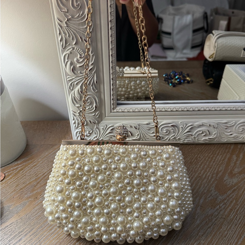 Brand new! Elegant Pearl-Embellished Cream Clutch